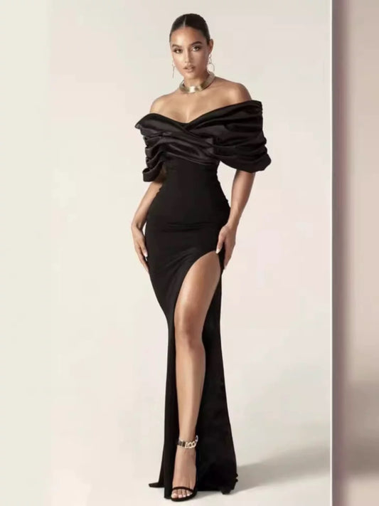 Off-Shoulder Draped Satin Slit Gown