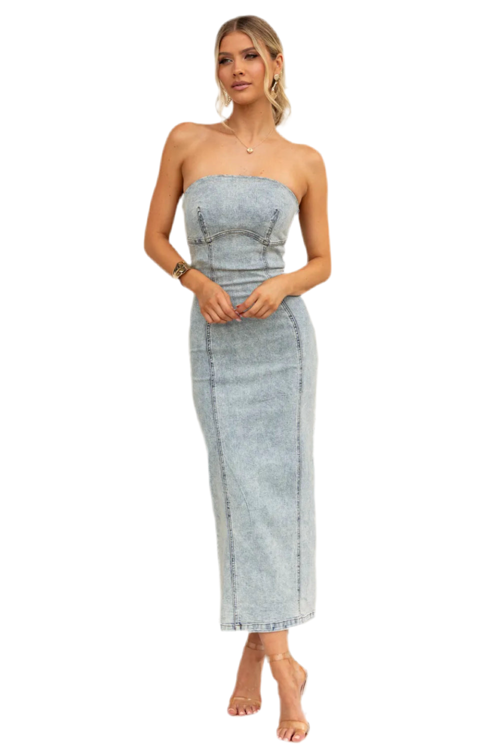 Washed Slit Back Tube Denim Dress