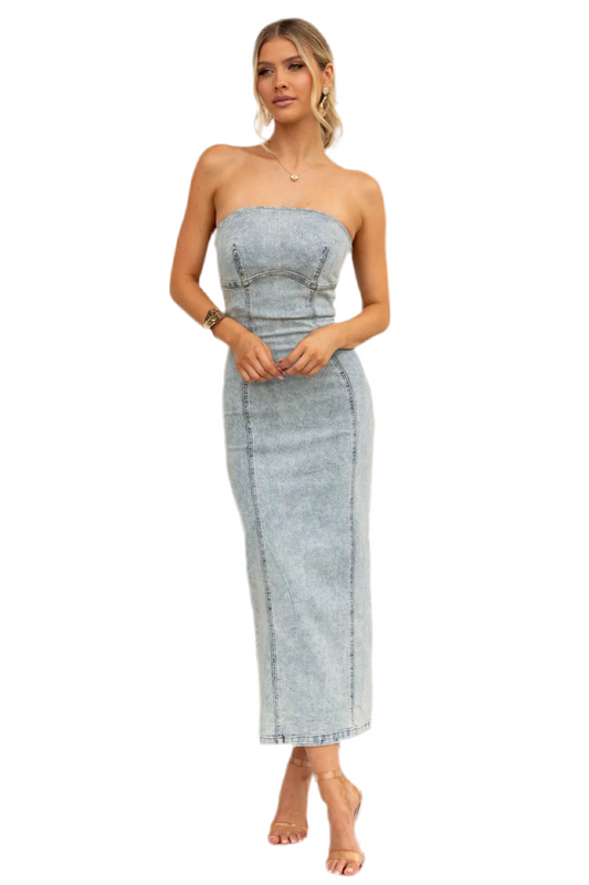 Washed Slit Back Tube Denim Dress