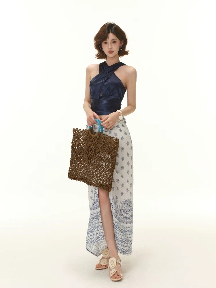 Blue Floral Pleated Midi Skirt