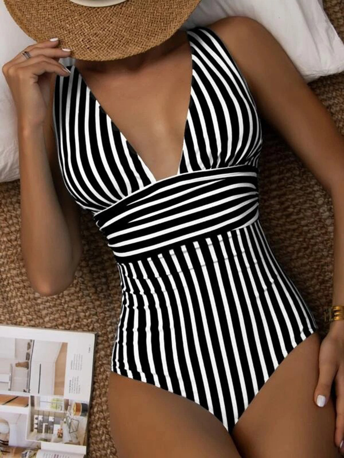 Striped Plunge Sleeveless One-Piece Swimwear - blue yonderz