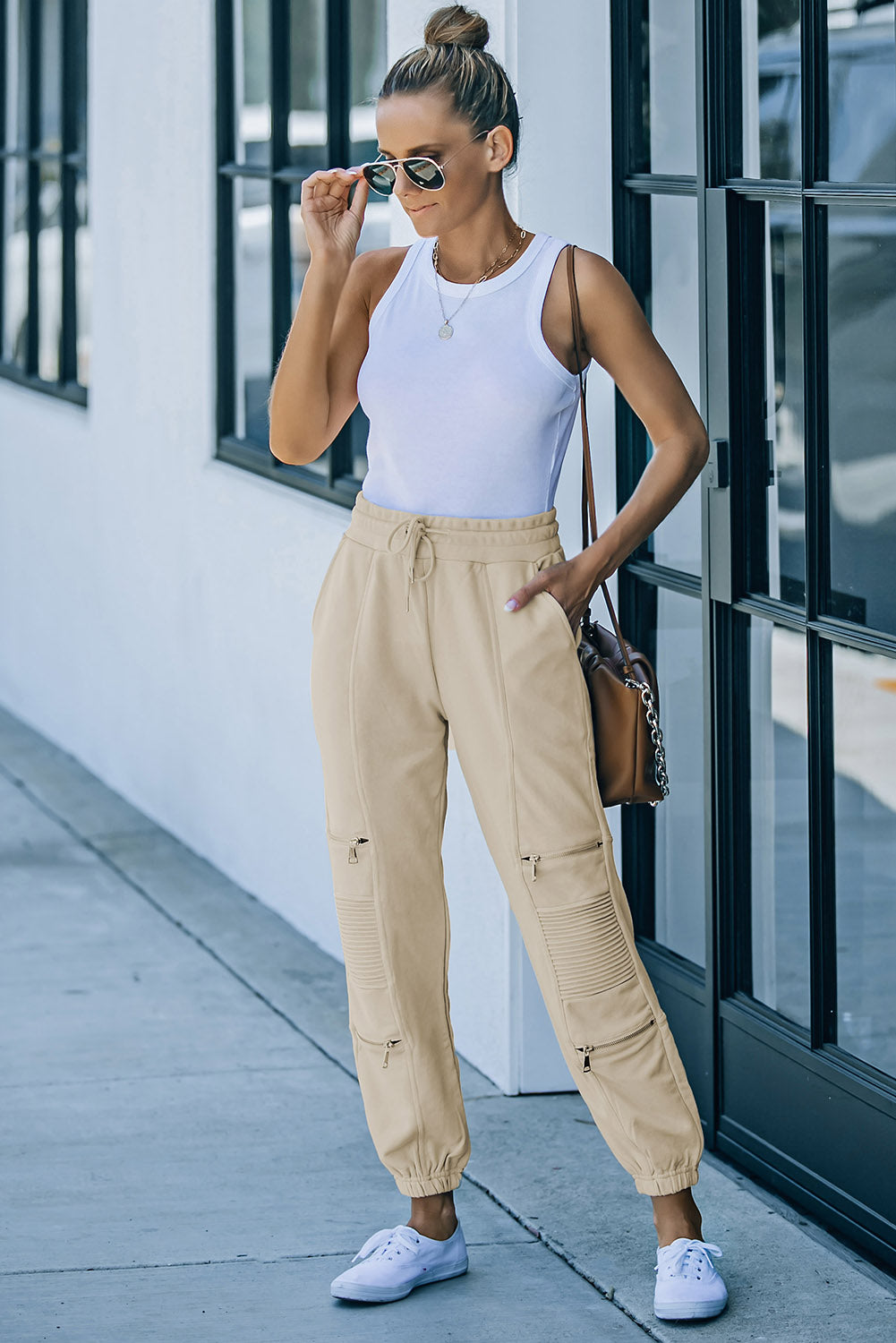 Drawstring Waist Zip Detail Joggers with Pockets - blue yonderz