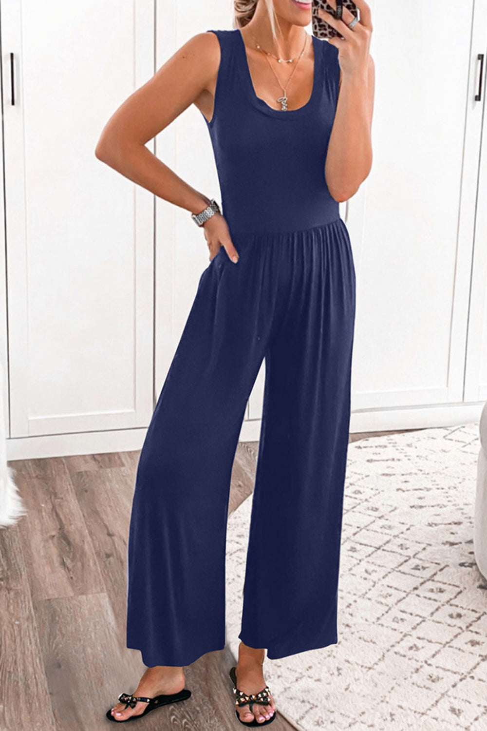 Full Size Scoop Neck Wide Strap Jumpsuit - bllue yonders