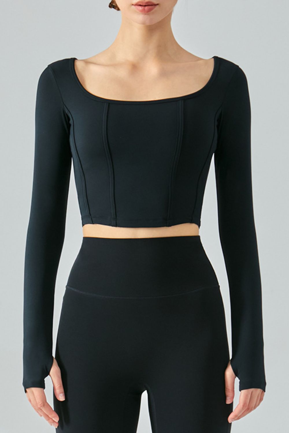 Seam Detail Thumbhole Sleeve Cropped Sports Top Trendsi