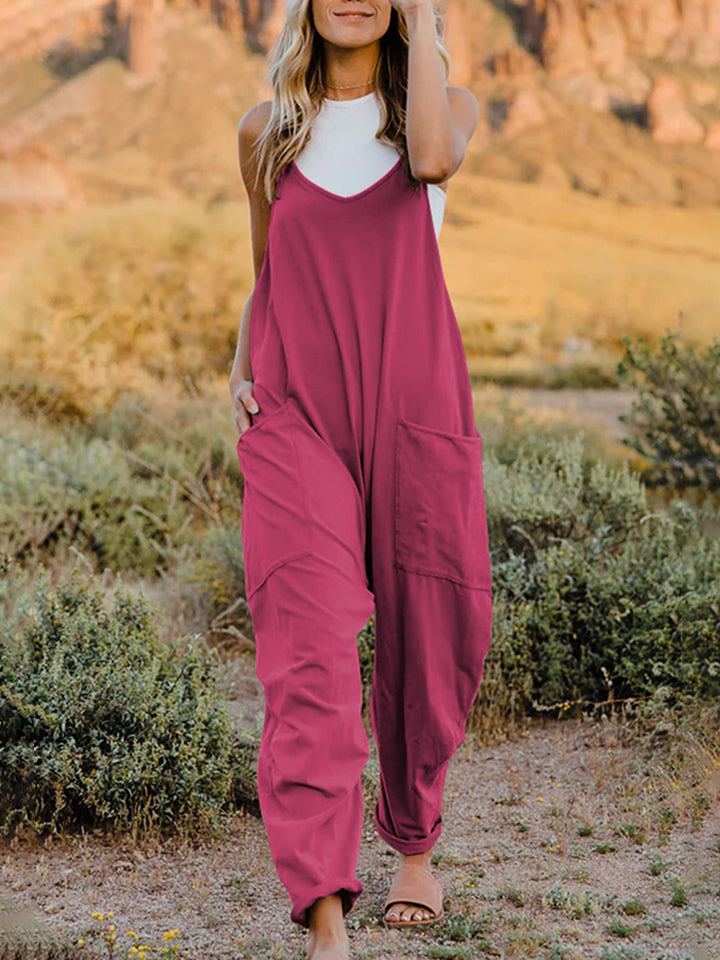 Double Take Full Size Sleeveless V-Neck Pocketed Jumpsuit - bllue yonders