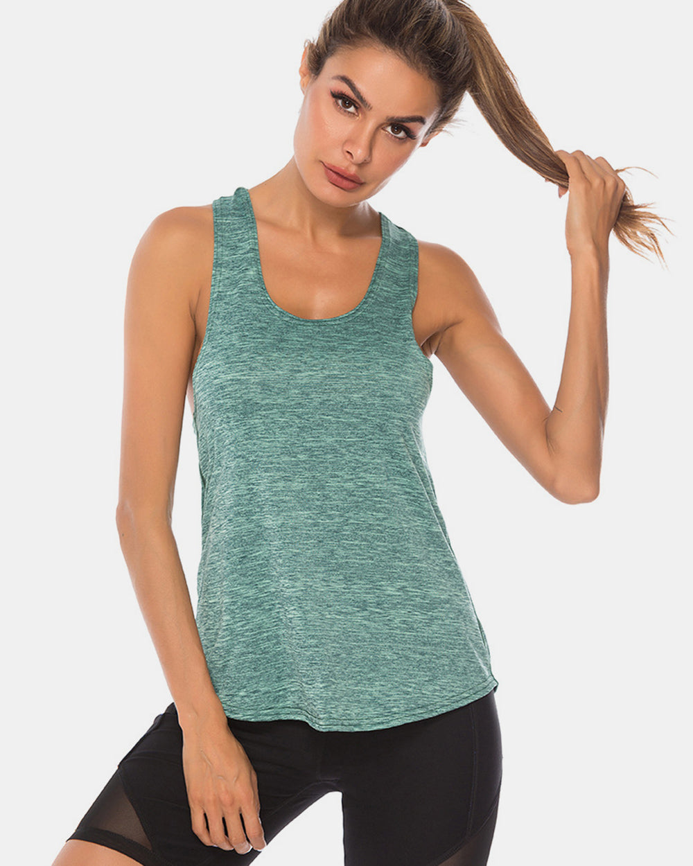 Full Size Scoop Neck Wide Strap Active Tank - bllue yonders