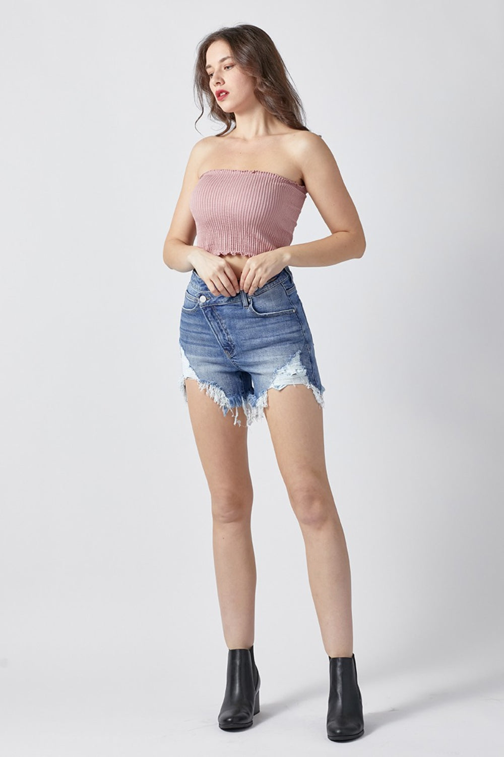 RISEN Raw Hem Asymmetrical Waist Denim Shorts - blue yonderz