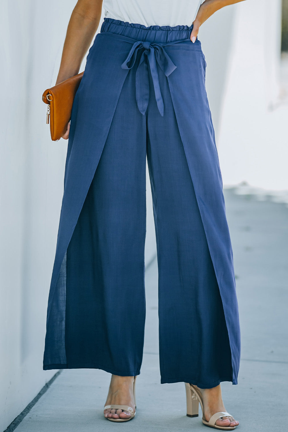 Paperbag Waist Tie Front Wide Leg Pants - blue yonderz