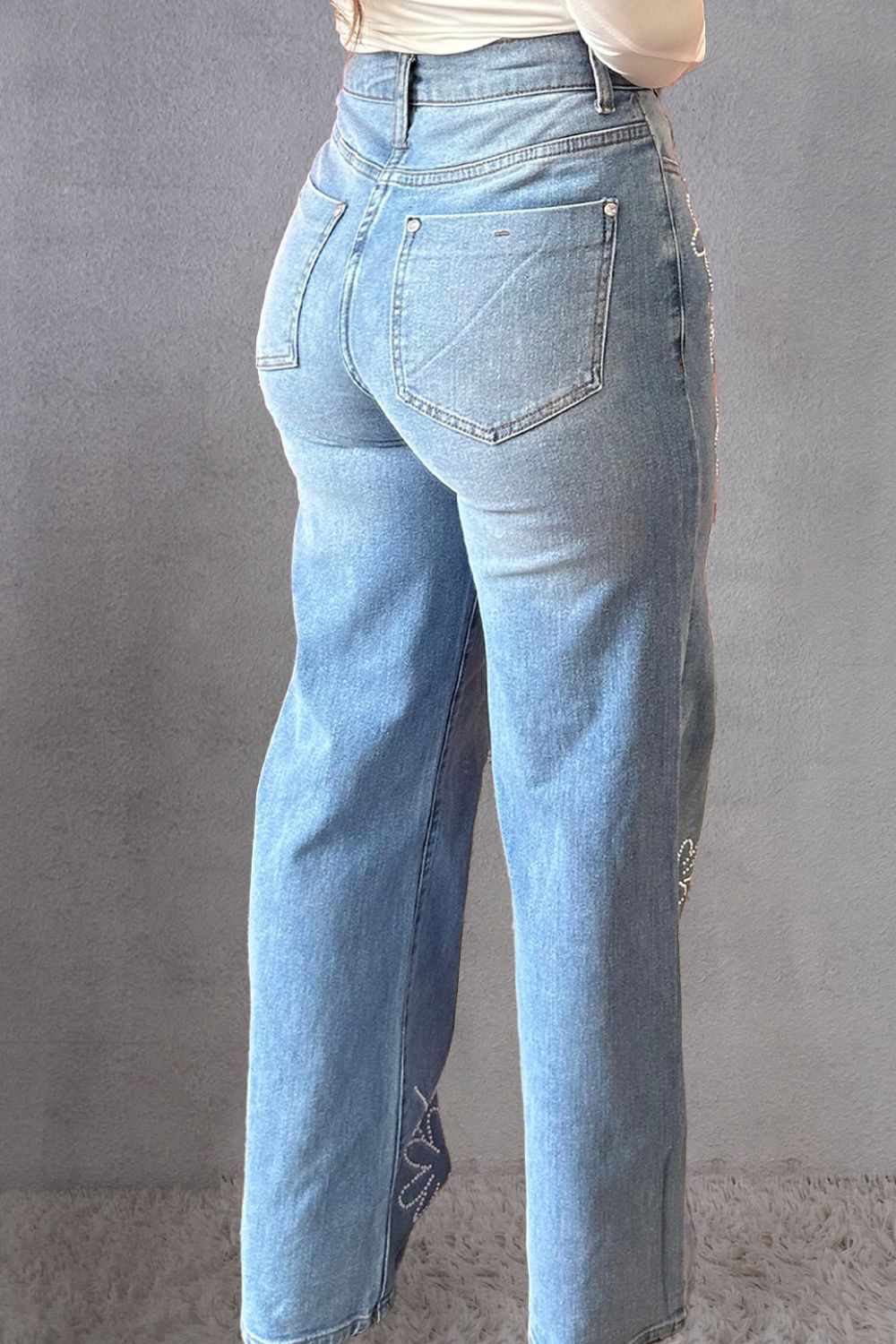 Rhinestone Straight Jeans with Pockets - blue yonderz