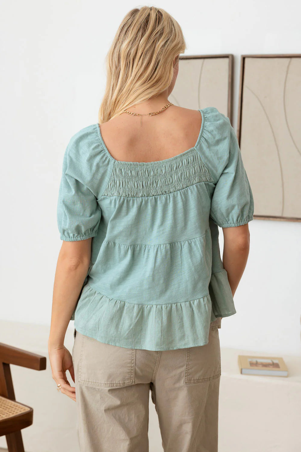 Boho Short Puff Sleeve Smocked Ruffle Hem Top