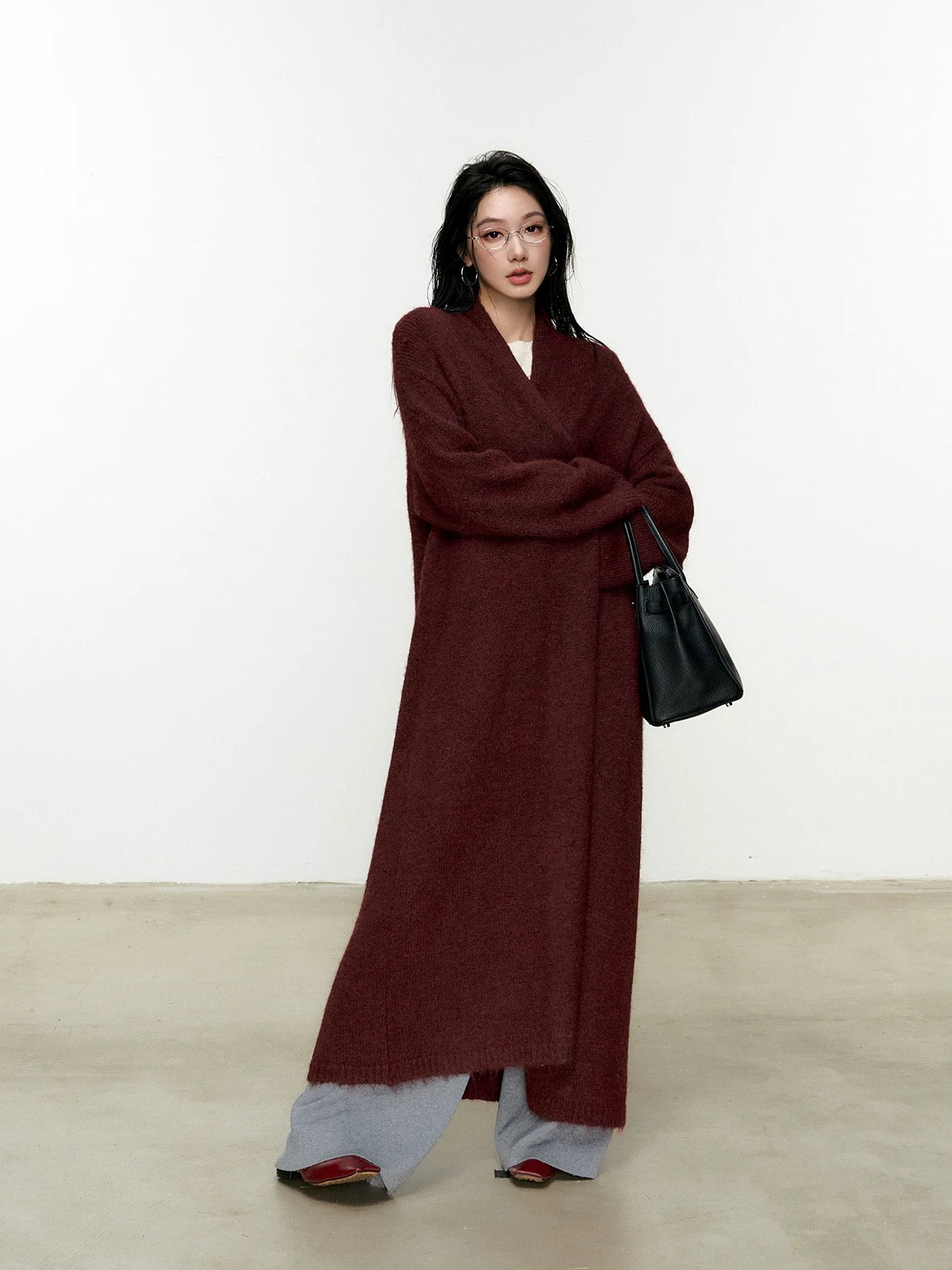 Women's Long Loose Knit Cardigan Coat with Scarf Collar