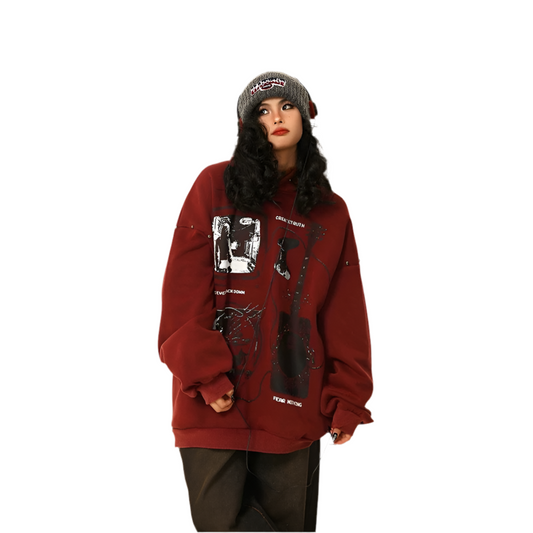 Red Streetwear Oversized Graphic Hoodie