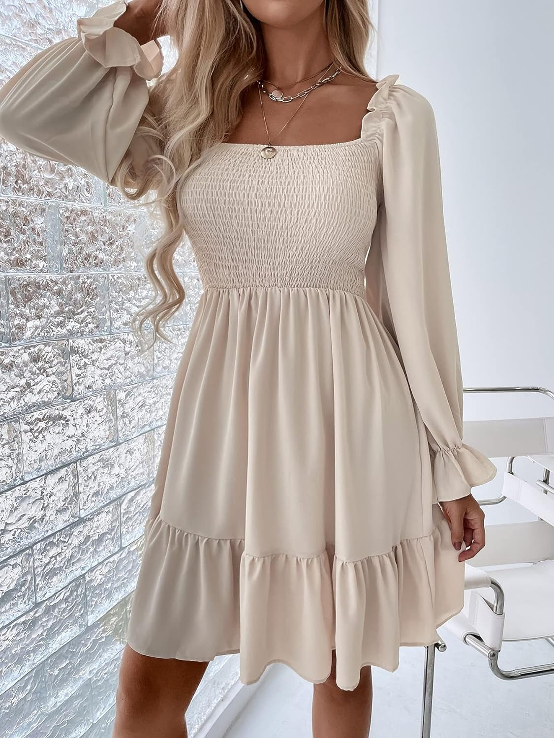 Women'S Shirred Ruffle Long Flounce Sleeve Mini a Line Dress Square Neck High Waist Short Dresses Beige Small