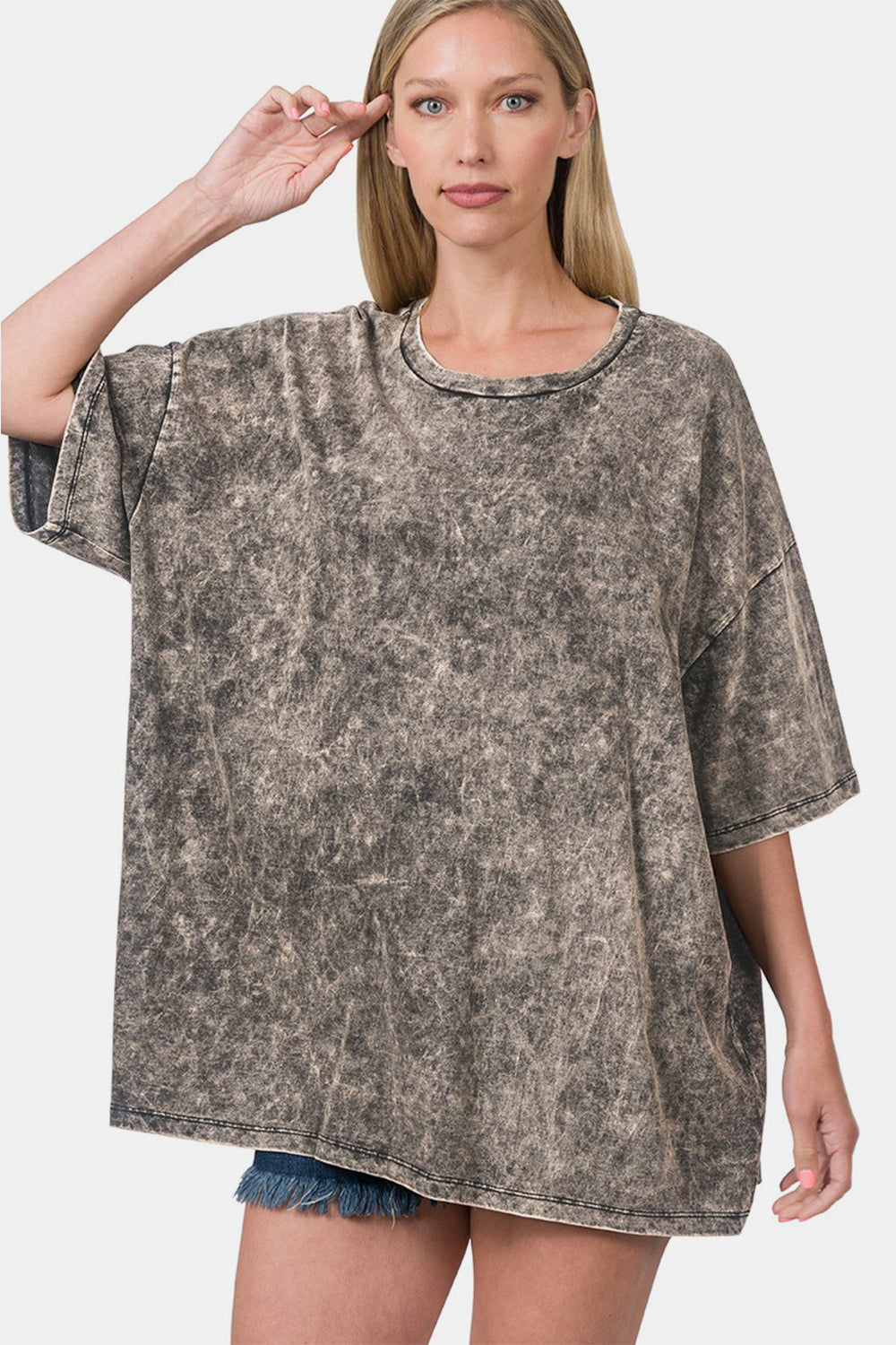 Zenana Washed Round Neck Drop Shoulder Oversized T-Shirt - bllue yonders