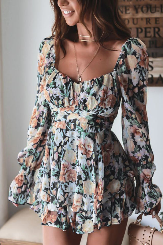 Floral Sweetheart Neck Flounce Sleeve Romper - blue yonderz