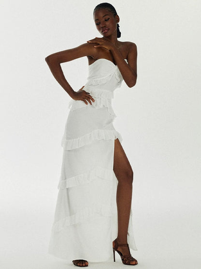 Strapless High Slit Ruffle Maxi Dress