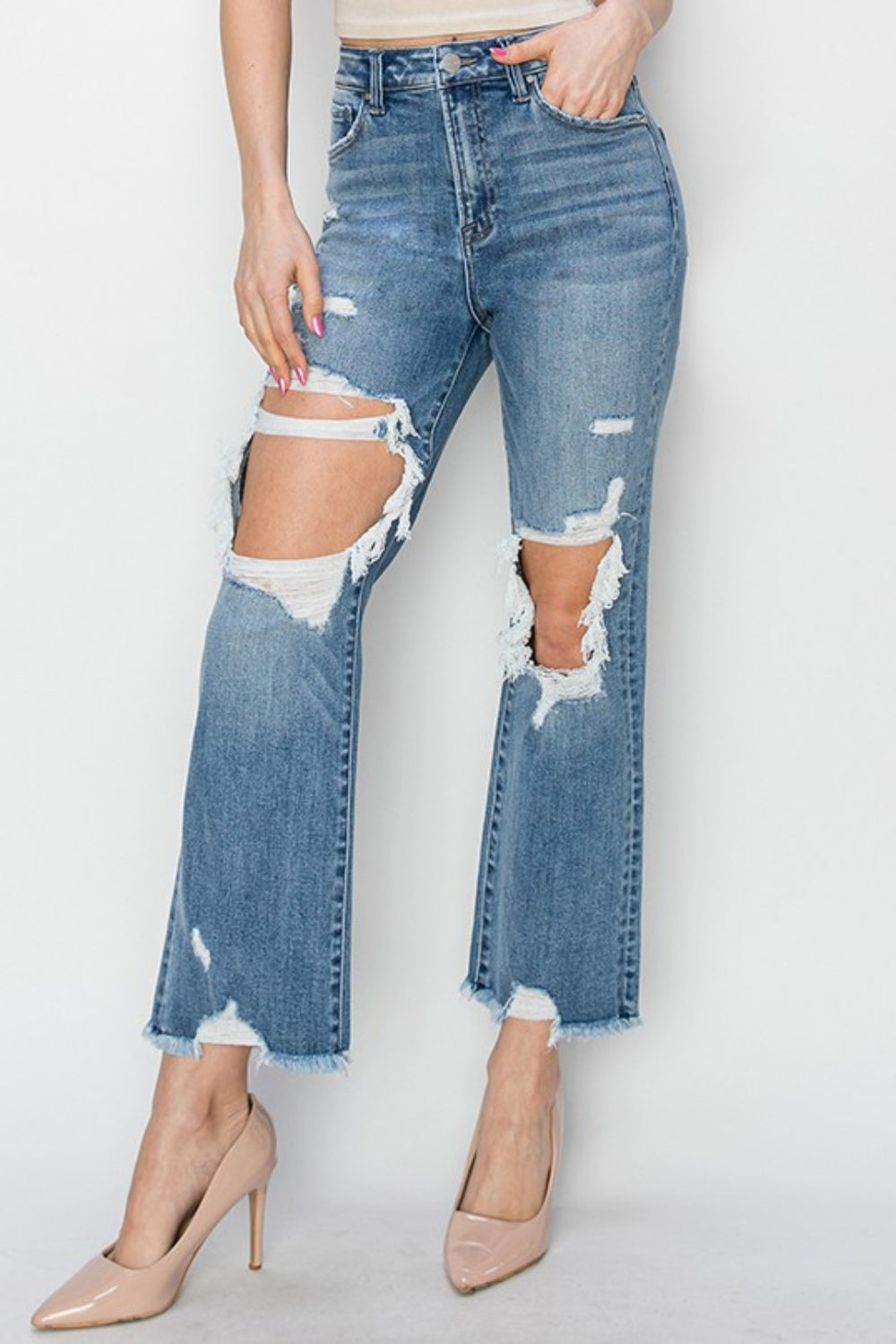 RISEN High Rise Distressed Crop Straight Jeans - blue yonderz