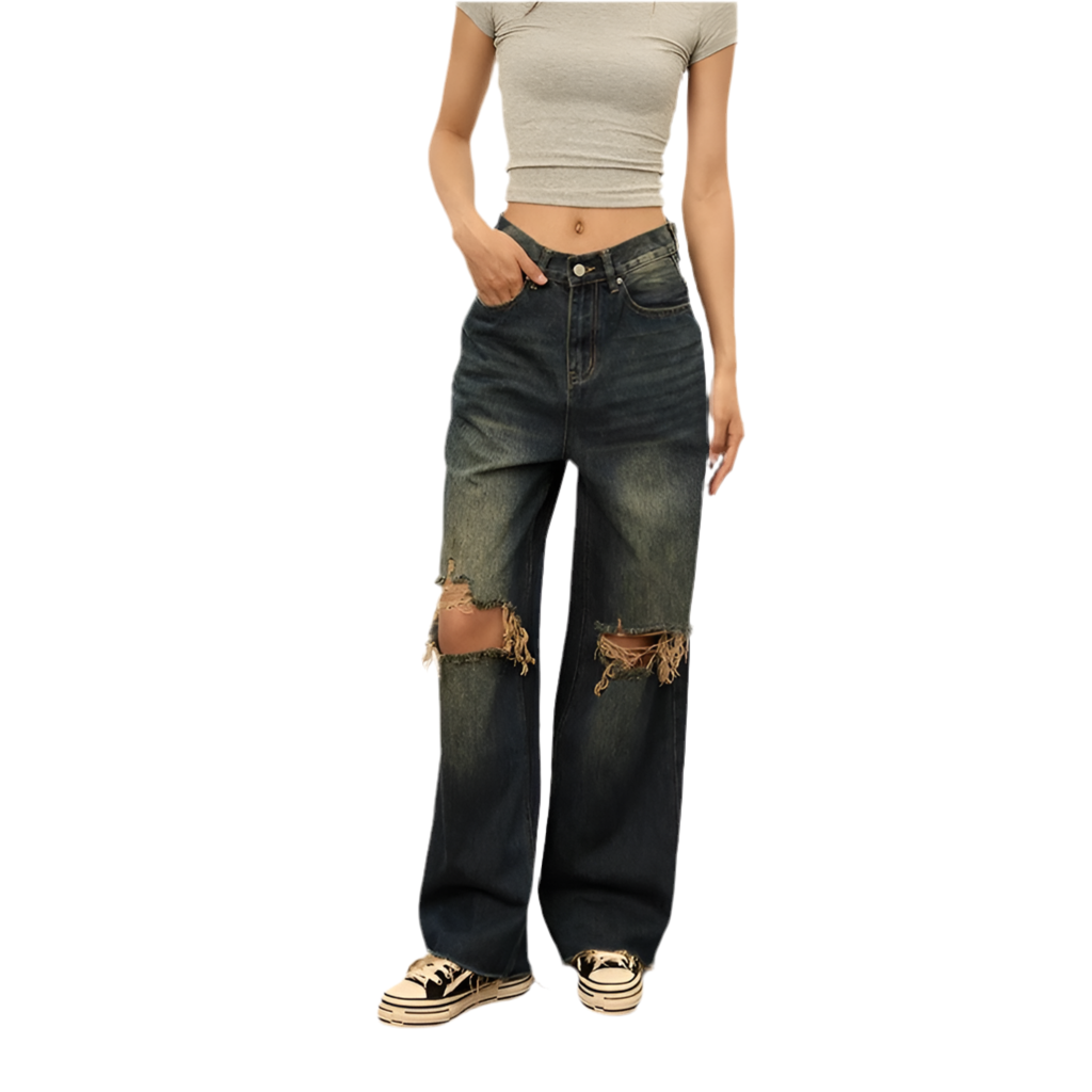Vintage Blue Rip-Knee Wide Denim Jeans
