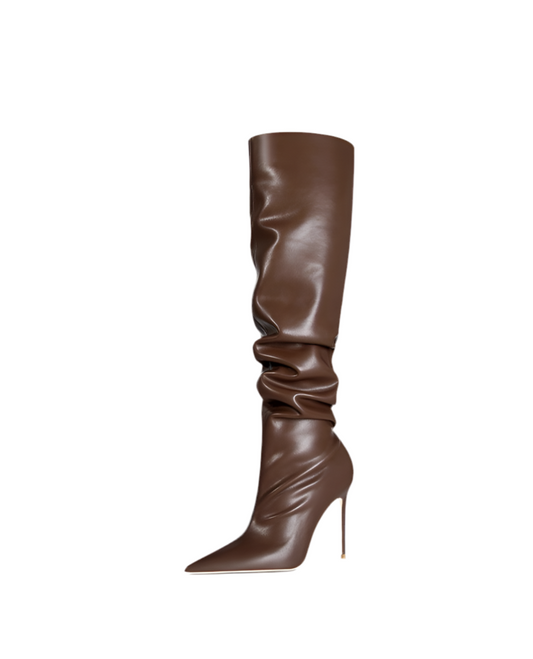 Coffee Brown Pleated Stiletto Knee Boots