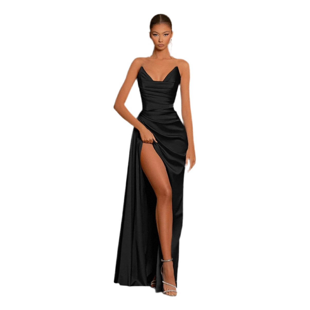 Satin Ruched Thigh-High Slit Maxi Dress