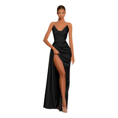 Satin Ruched Thigh-High Slit Maxi Dress