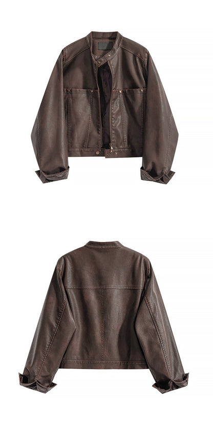 Women's PU Leather Jacket with Stand Collar