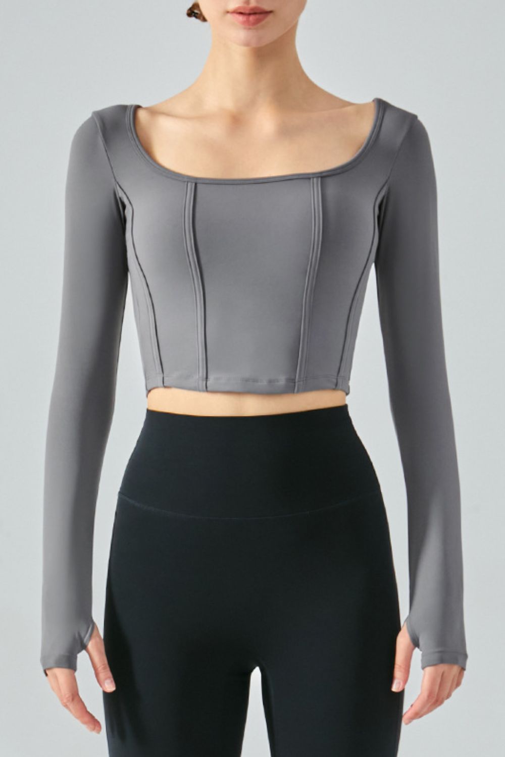 Seam Detail Thumbhole Sleeve Cropped Sports Top Trendsi