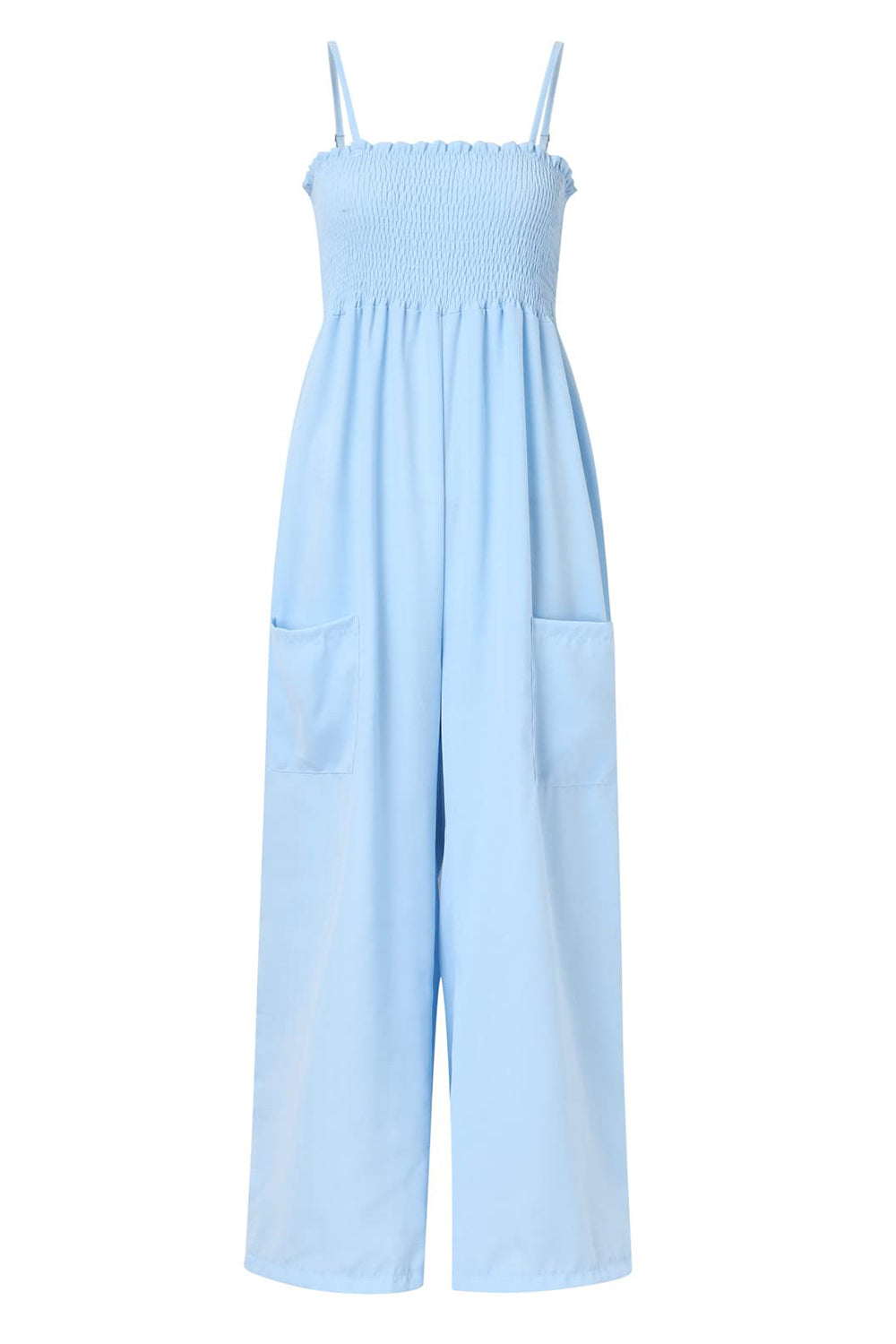 Smocked Spaghetti Strap Wide Leg Jumpsuit - bllue yonders