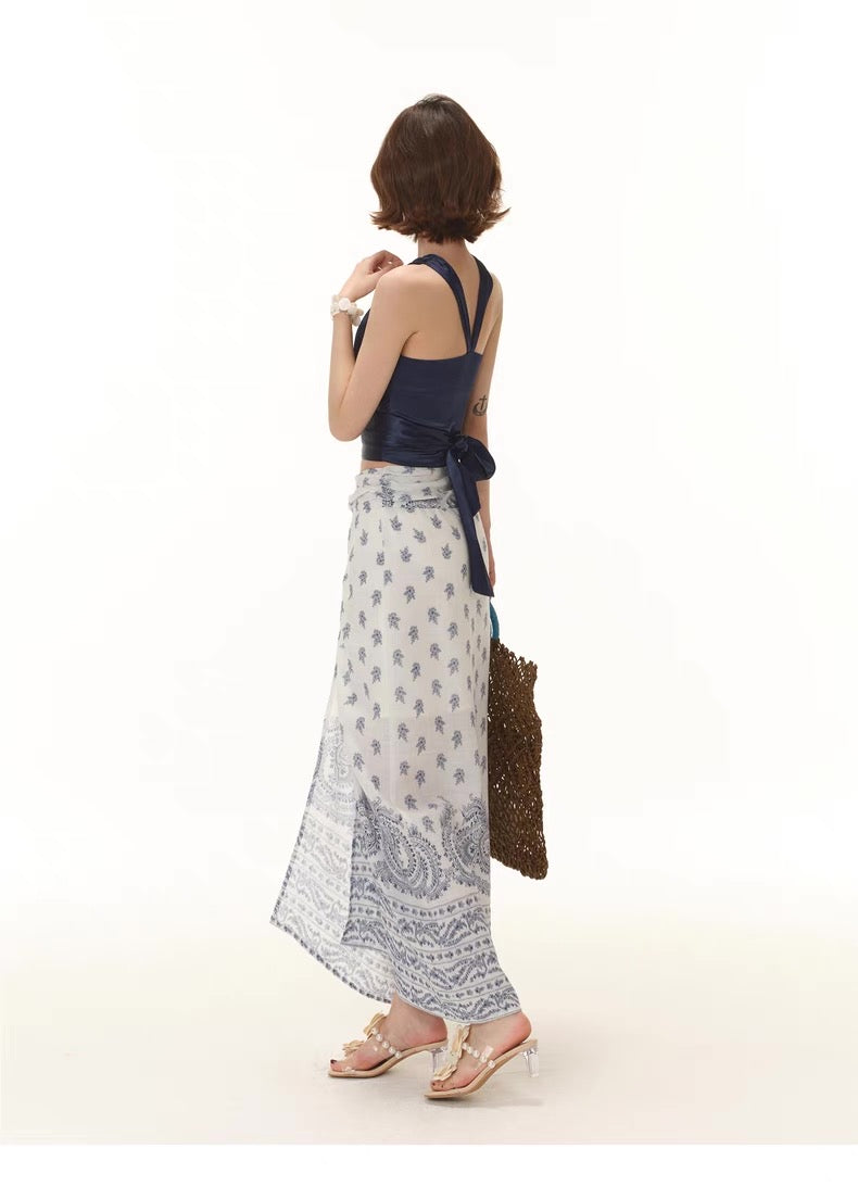 Blue Floral Pleated Midi Skirt