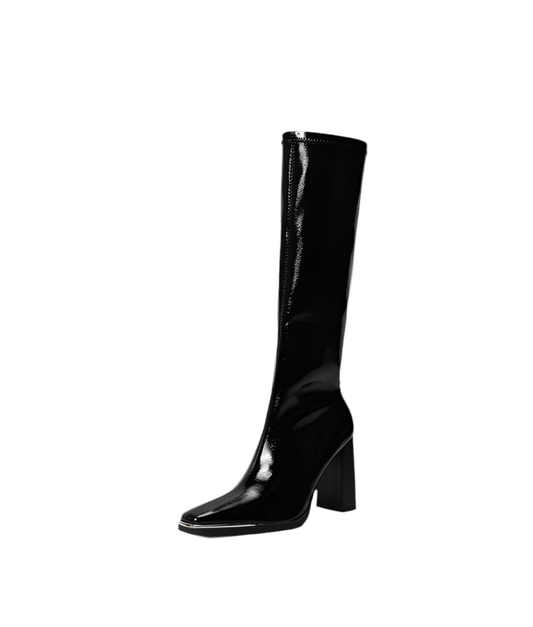 Glossy Patent Leather Block Heel Boots