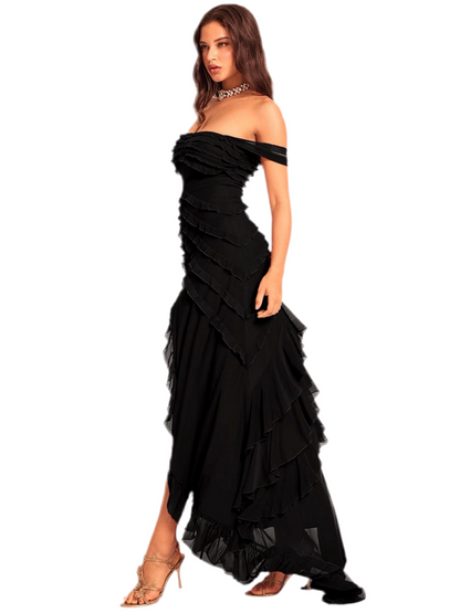 Off-Shoulder Ruffle Slit Evening Dress