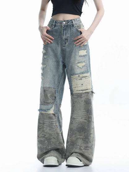 Patchwork Wide-Leg Camouflage Jeans