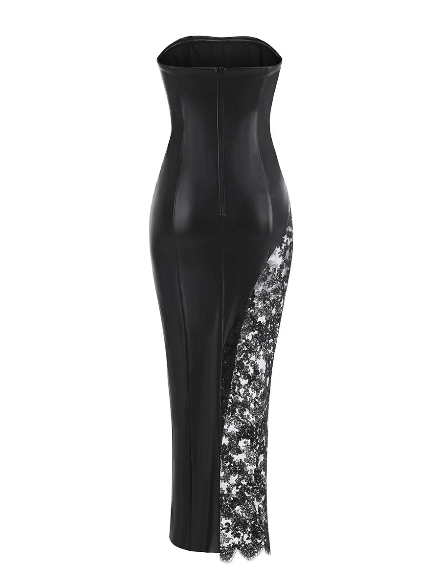 Black Faux Leather Lace Split Maxi Dress