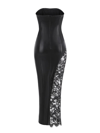 Black Faux Leather Lace Split Maxi Dress