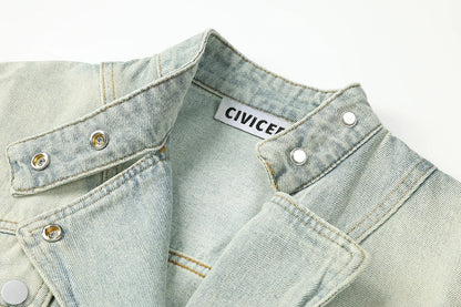 High-Waist Blue Denim Motorcycle Jacket