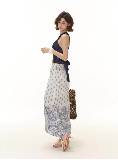 Blue Floral Pleated Midi Skirt