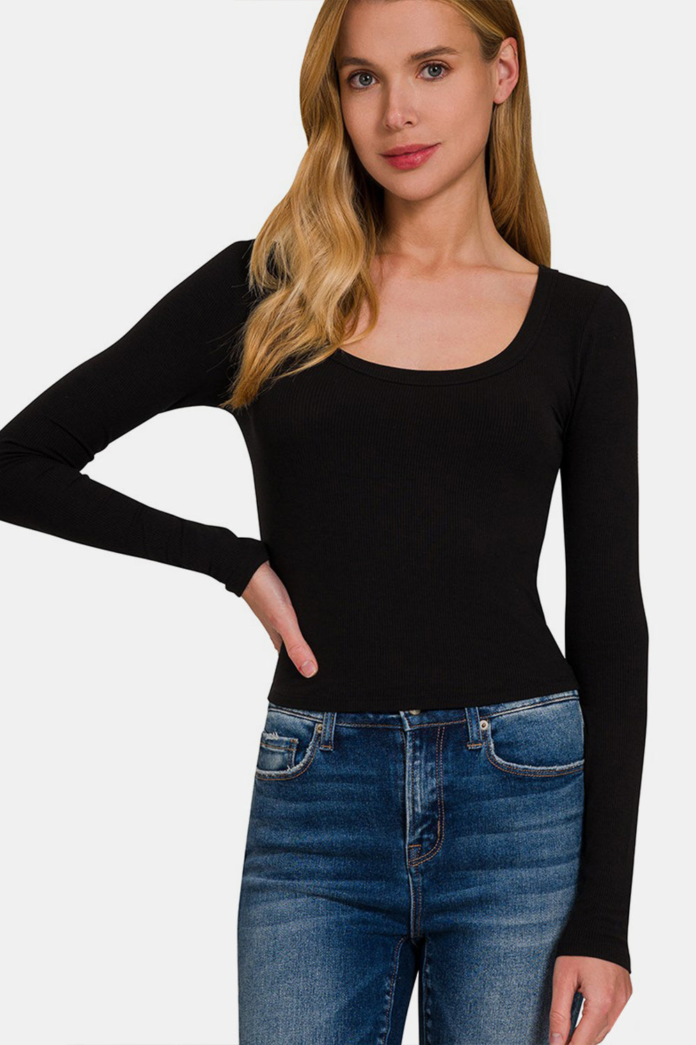 Zenana Scoop Neck Long Sleeve T-Shirt - blue yonderz