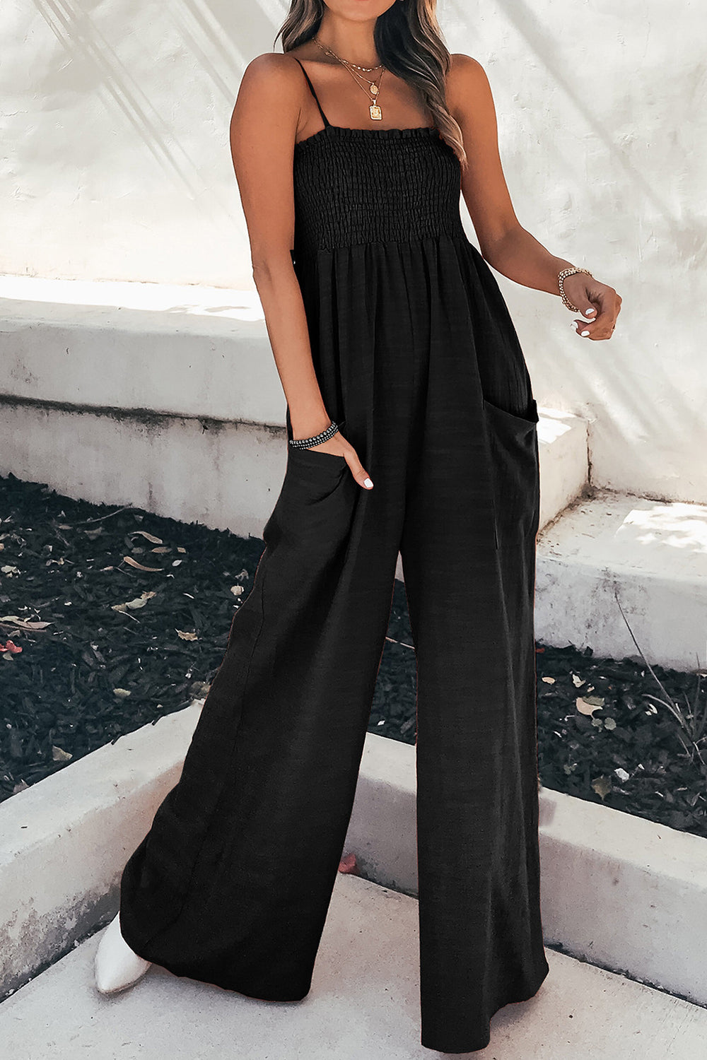 Smocked Spaghetti Strap Wide Leg Jumpsuit - bllue yonders