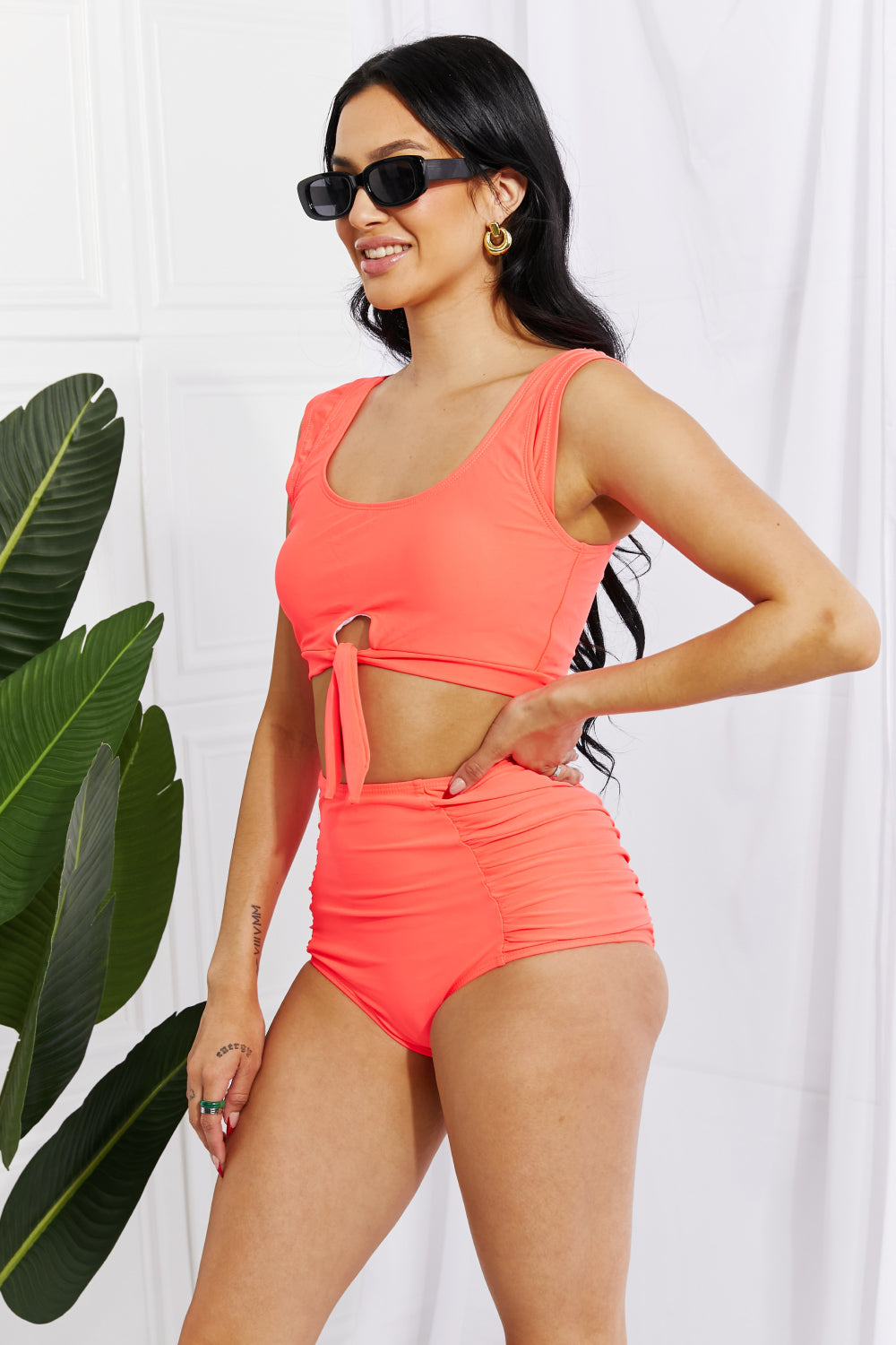 Marina West Swim Sanibel Crop Swim Top and Ruched Bottoms Set in Coral Trendsi