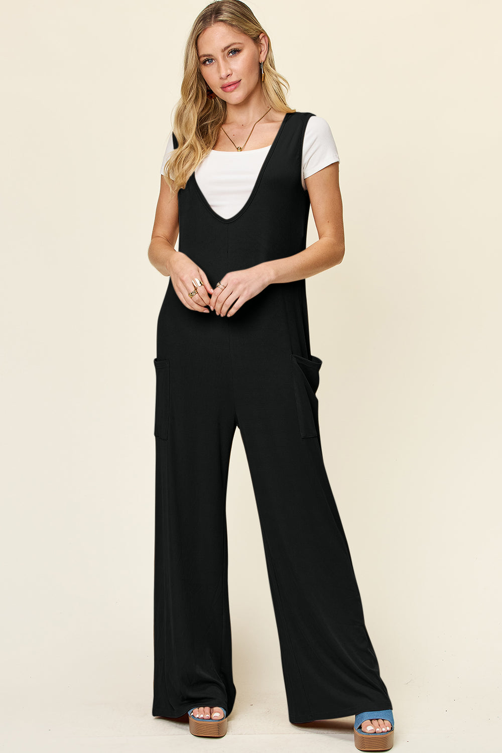 Double Take Full Size Sleeveless Wide Leg Jumpsuit with Pockets - bllue yonders