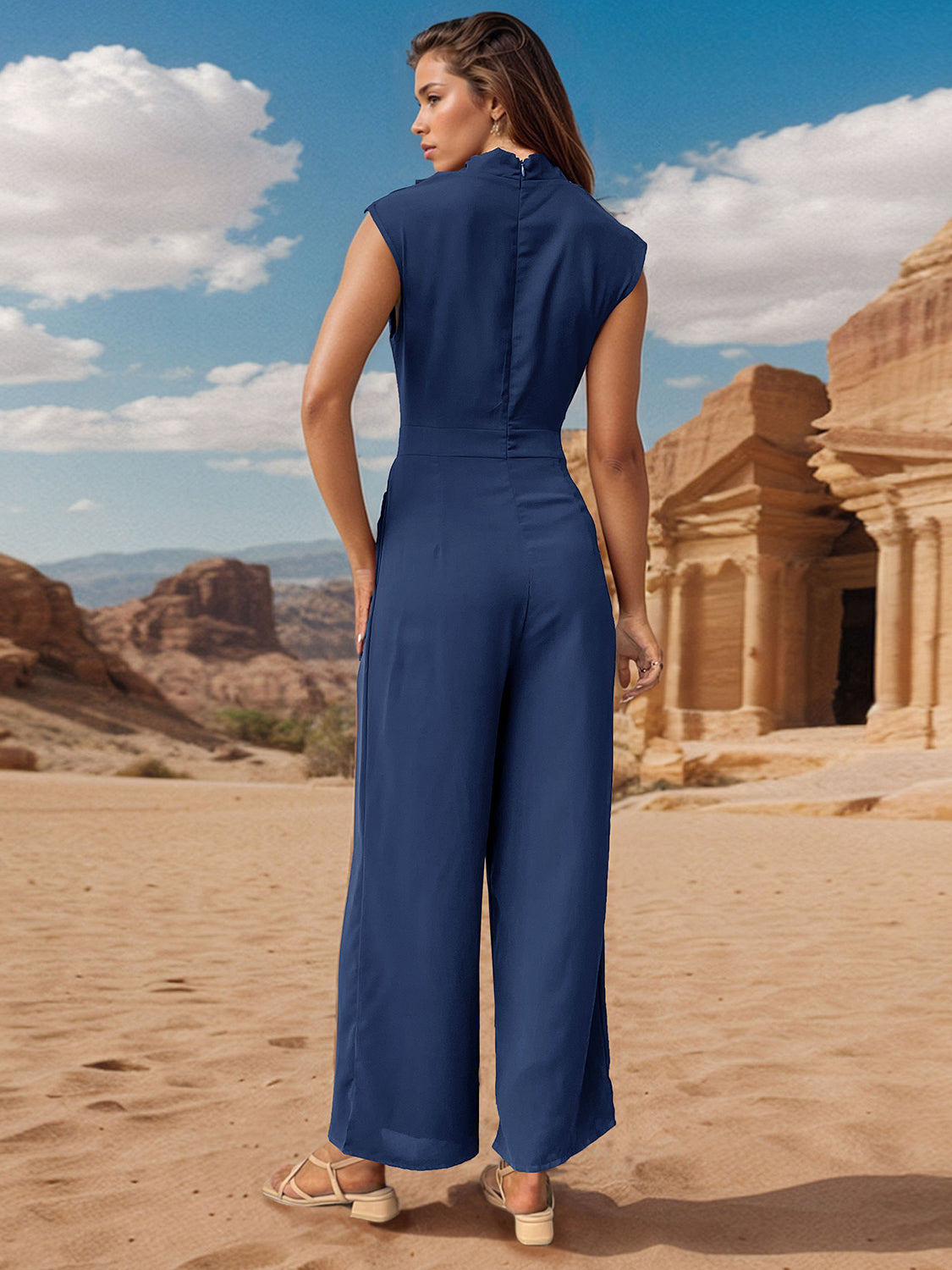 Ruched Mock Neck Sleeveless Jumpsuit - blue yonderz