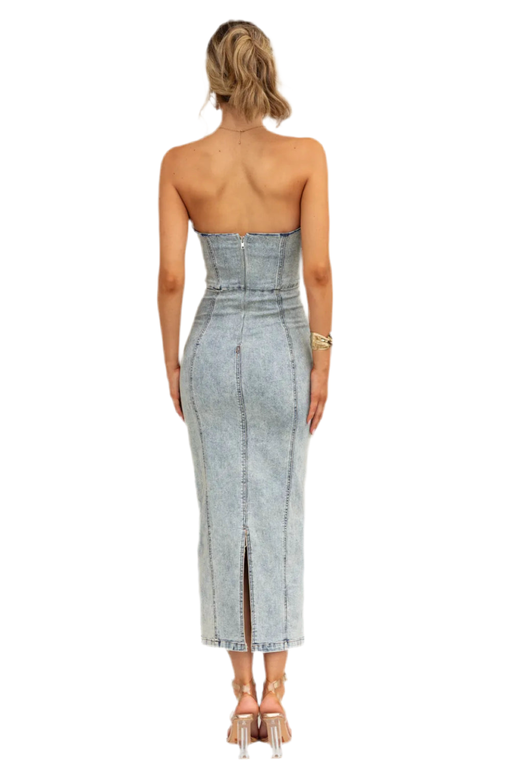 Washed Slit Back Tube Denim Dress