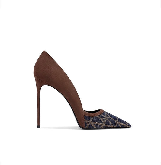 Elegant Brown Patchwork Pointed Pumps