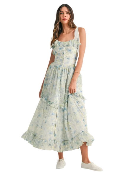 Floral Printed Shoulder Strap Midi Dress