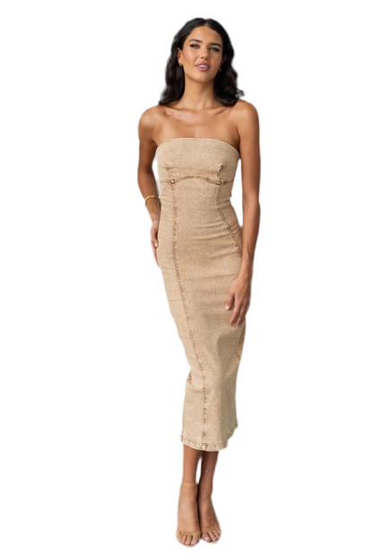 Washed Slit Back Tube Denim Dress