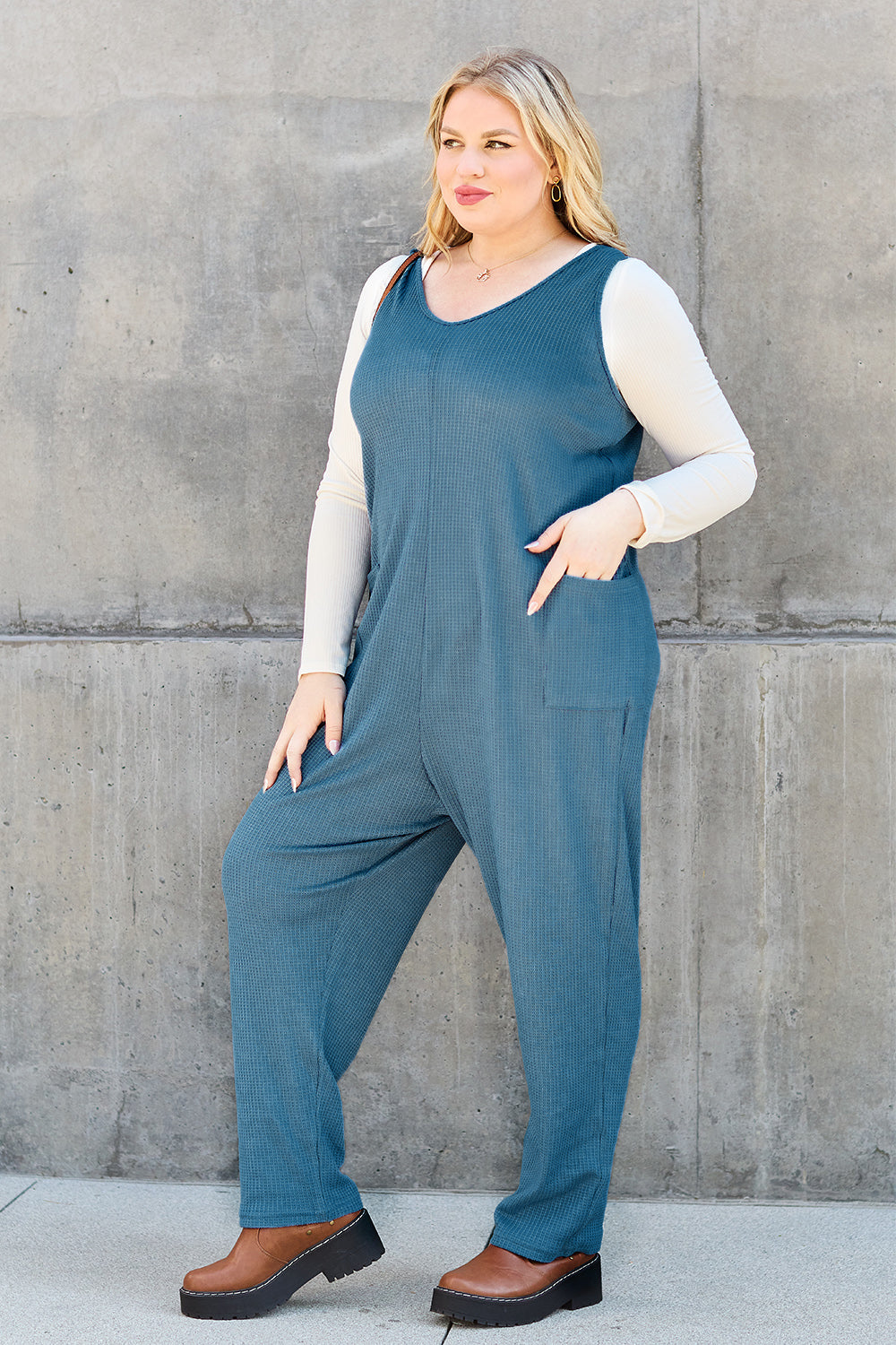 Double Take Full Size Sleeveless Straight Jumpsuit - bllue yonders