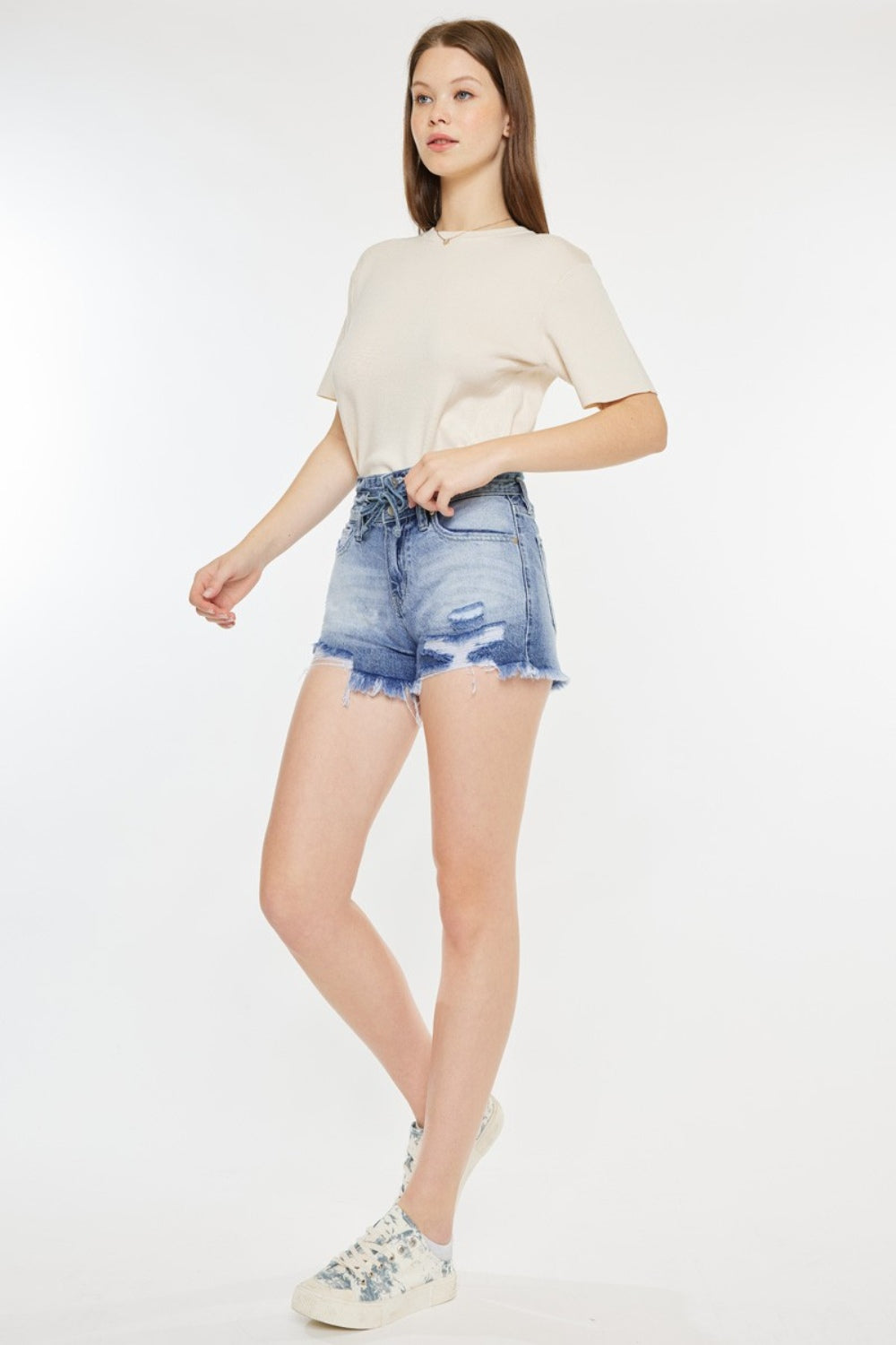 Kancan High Rise Frayed Hem Denim Shorts - bllue yonders