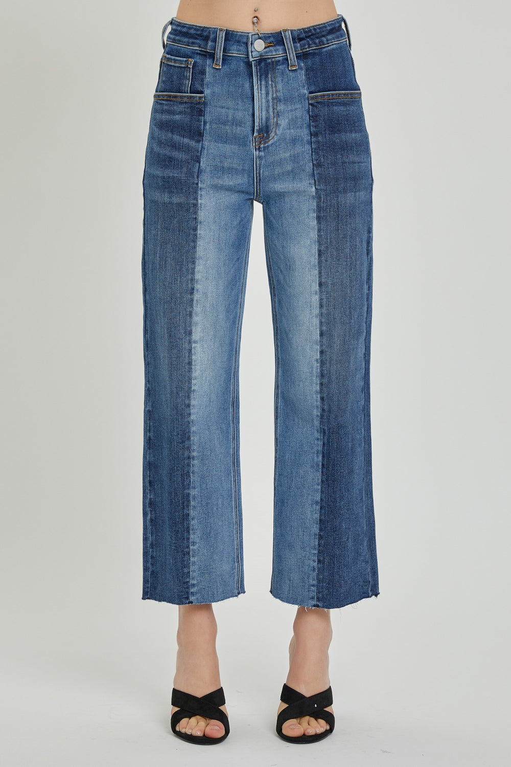 RISEN Full Size Mid-Rise Waist Two-Tones Jeans with Pockets - blue yonderz