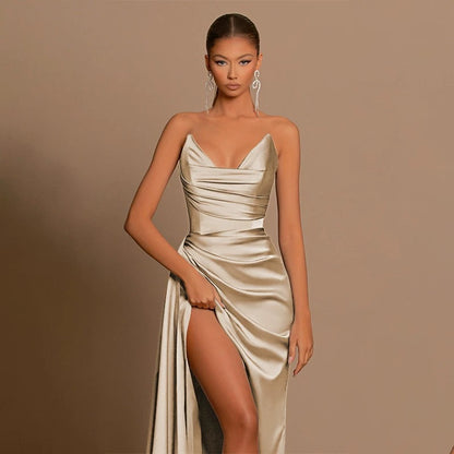 Satin Ruched Thigh-High Slit Maxi Dress