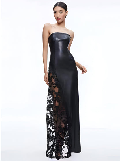 Black Faux Leather Lace Split Maxi Dress